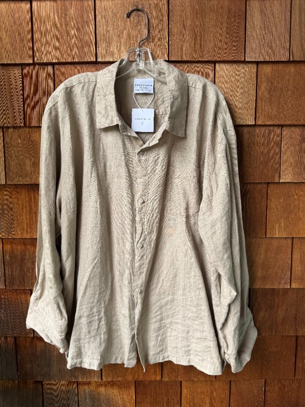 Parachute Tan Button Front Long Sleeve Linen Shirt in All Gender X-Large